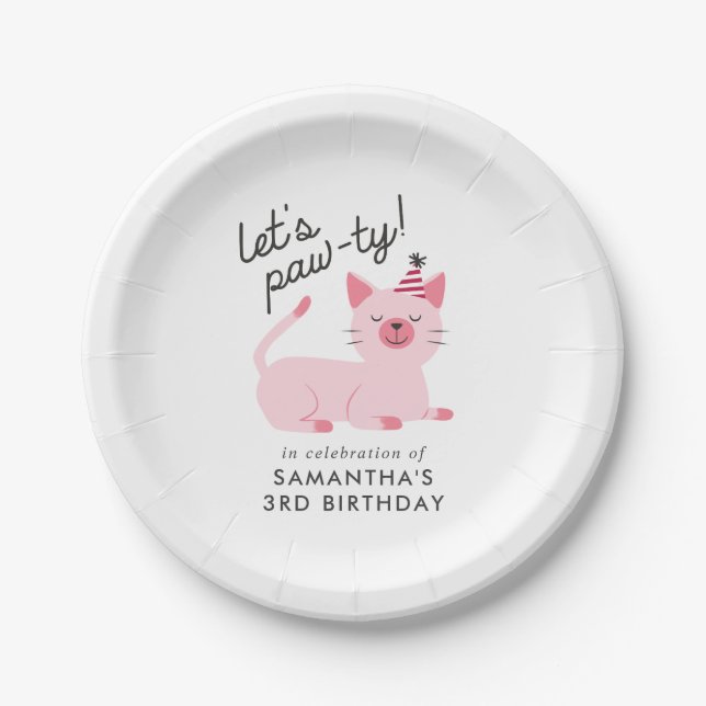 Kitty Cat Birthday Party | Let's Pawty Pink Paper Plate (Front)