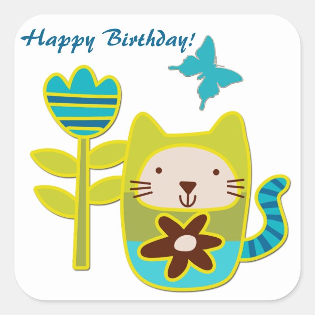 Kitty Cat Birthday Square Sticker (Front)