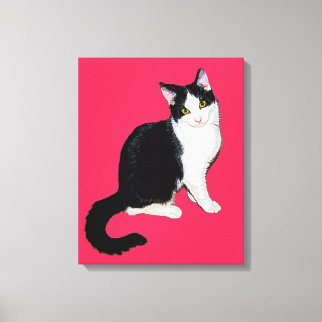 Kitty Cat, Black and White on Hot Pink Canvas Print (Front)