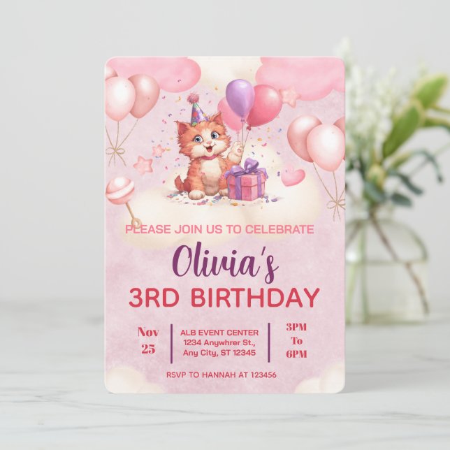 Kitty Cat Celebration Birthday Invitation (Standing Front)