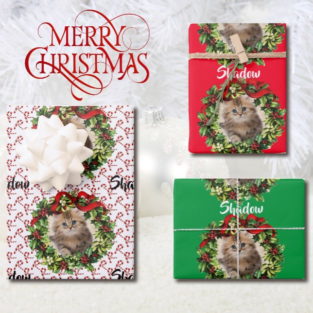 Kitty Cat Christmas Photo & Name Candy Cane 3 Wrapping Paper Sheet (Creator Uploaded)