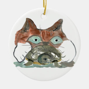 Kitty Cat Clutches his Turtle Pal Ceramic Tree Decoration