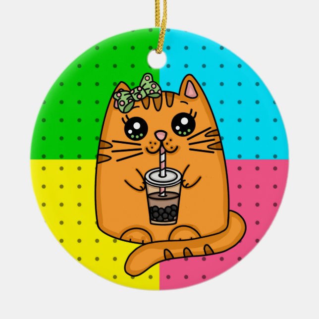 Kitty Cat Drinking Boba Tea Ceramic Tree Decoration (Front)