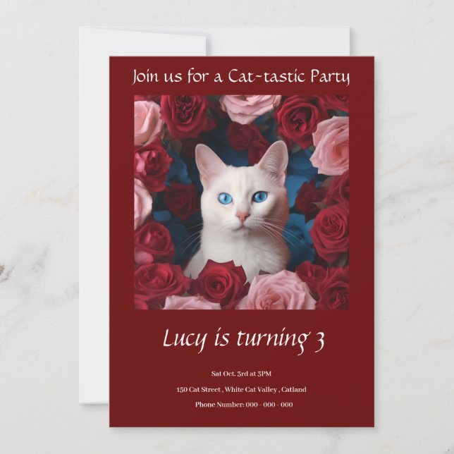 Kitty Cat Elegant Garnet Birthday Party Invitation (Front)