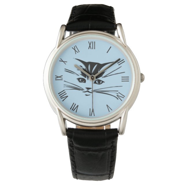 Kitty Cat Face Blue w Roman Numerals Watch (Front)