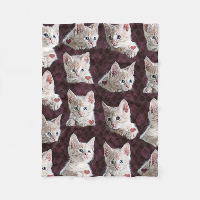 Kitty Cat Faces Pattern With Hearts Image Fleece Blanket (Front)