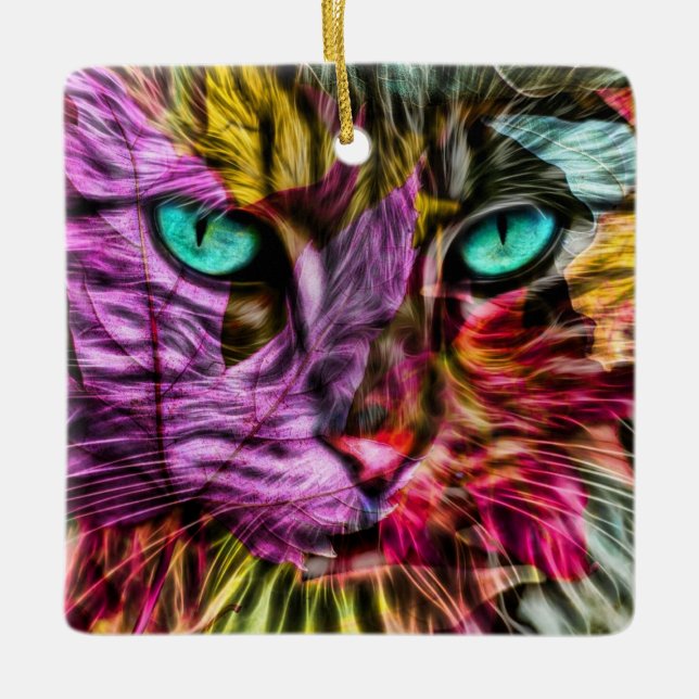 Kitty Cat Fall Leaves Colourful Artsy Design Ceramic Ornament (Front)