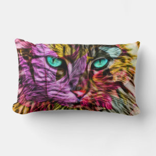 Kitty Cat Fall Leaves Colourful Artsy Design Lumbar Cushion