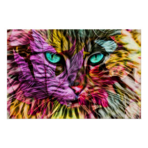 Kitty Cat Fall Leaves Colourful Artsy Design Poster