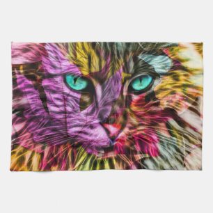 Kitty Cat Fall Leaves Colourful Artsy Design Tea Towel