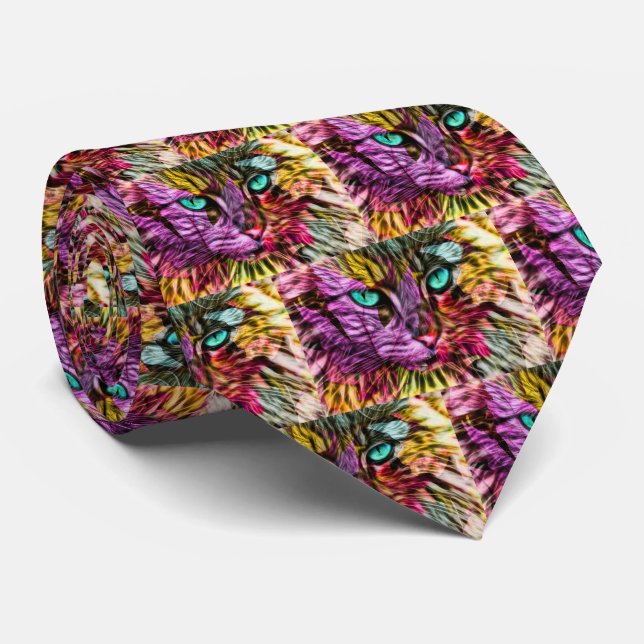 Kitty Cat Fall Leaves Colourful Artsy Design Tie (Rolled)