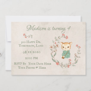 Kitty Cat Floral Girly Kitten Birthday Party Invitation