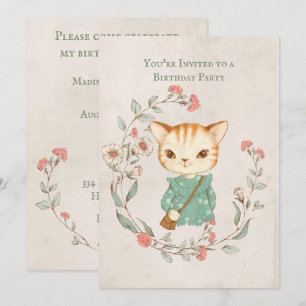 Kitty Cat Floral Girly Kitten Birthday Party Invitation