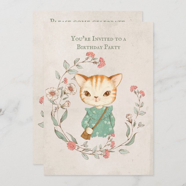 Kitty Cat Floral Girly Kitten Birthday Party Invitation (Front/Back)