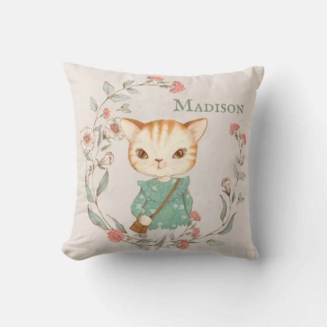 Kitty Cat Floral Personalised Name Girly Cushion (Front)