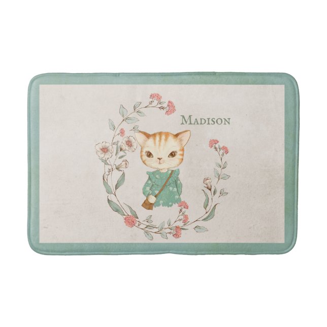 Kitty Cat Floral Personalised Name Girly Kitten Bath Mat (Front)