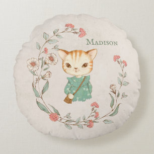 Kitty Cat Floral Personalised Name Girly Kitten Round Cushion