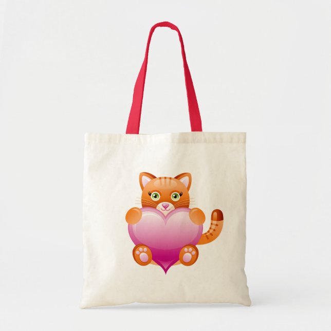 KITTY CAT HOLDING PINK HEART TOTE BAG (Front)