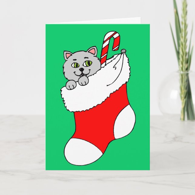 Kitty Cat in Christmas Stocking Holiday Card (Front)
