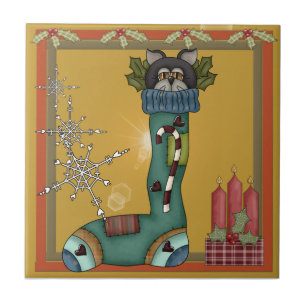 Kitty Cat in Stocking Picture Tile