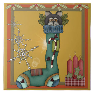 Kitty Cat in Stocking Picture Tile
