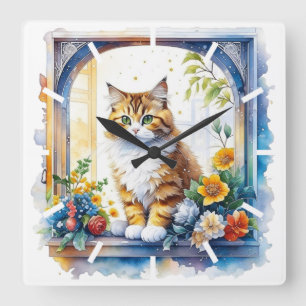 Kitty Cat in Window of Flowers   Square Wall Clock