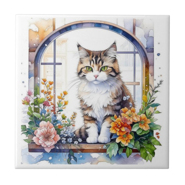 Kitty Cat in Window of Flowers   Tile (Front)