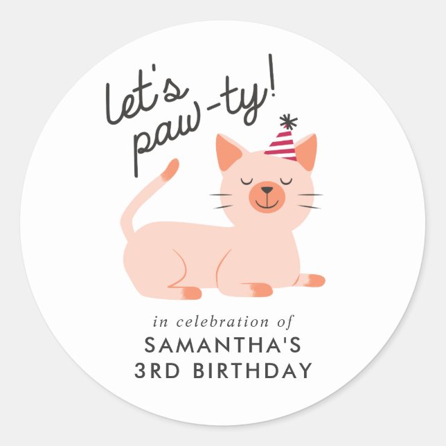 Kitty Cat Kids Birthday Party | Let's Paw-ty Classic Round Sticker (Front)