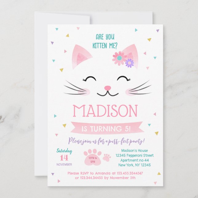 Kitty Cat Kitten Birthday Invitations for girl (Front)