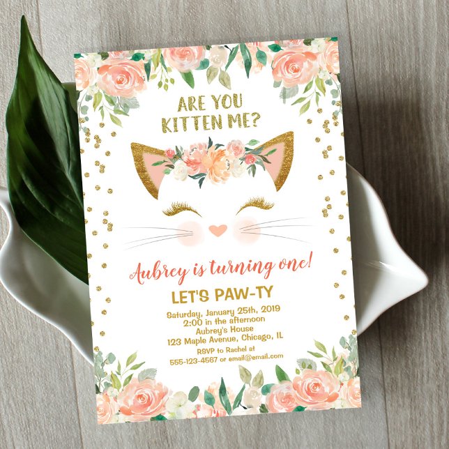 Kitty cat kitten peach cream girl birthday party invitation (Creator Uploaded)