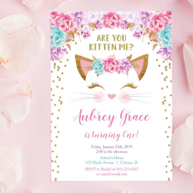 Kitty cat kitten pink gold glitter birthday party invitation (Creator Uploaded)