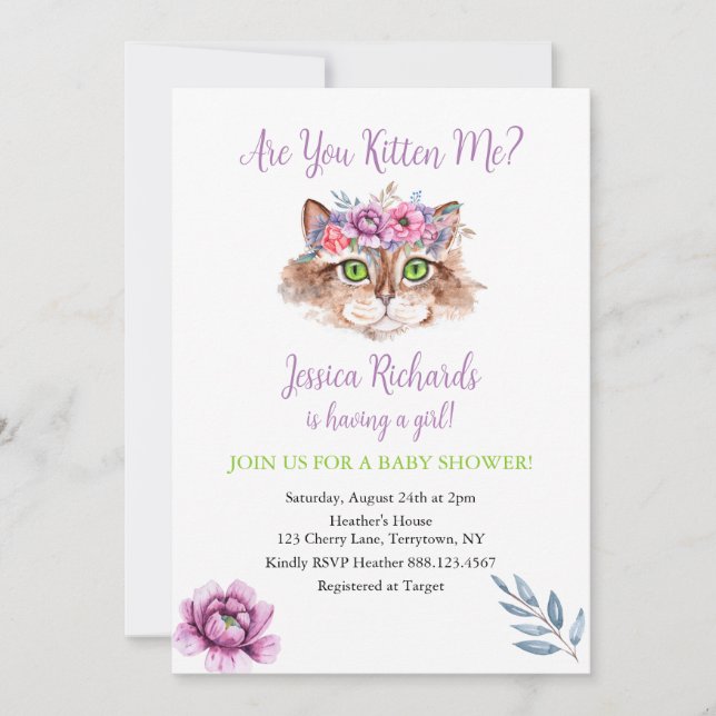 Kitty cat kitten pink purple girl baby shower invitation (Front)