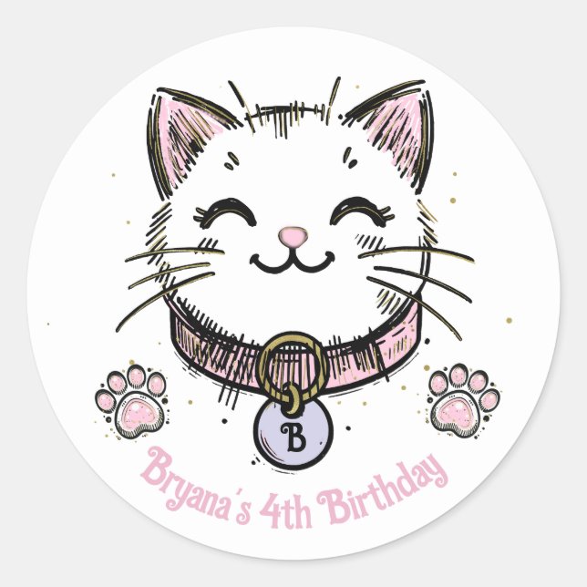 Kitty Cat Kitten Pink Purple Gold Birthday Party  Classic Round Sticker (Front)