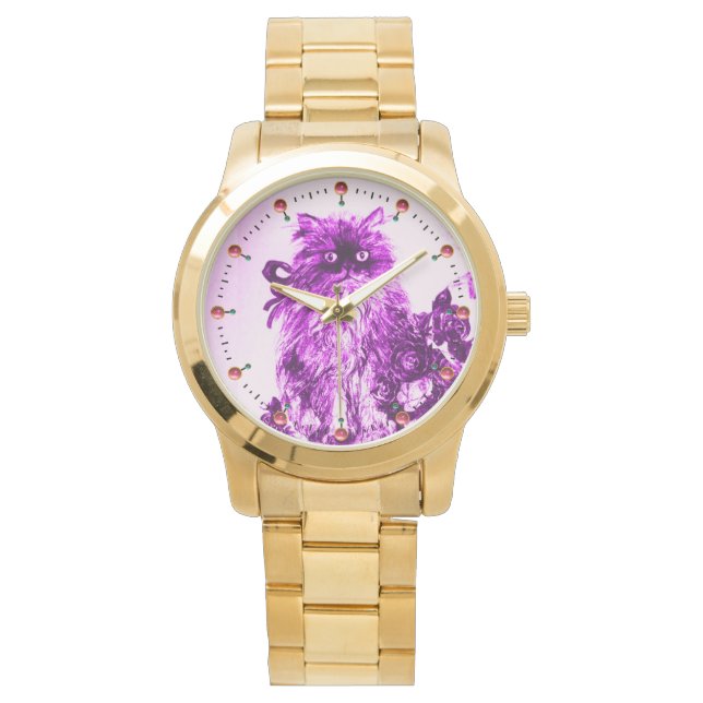 KITTY CAT / KITTEN WITH PURPLE ROSES White Watch (Front)