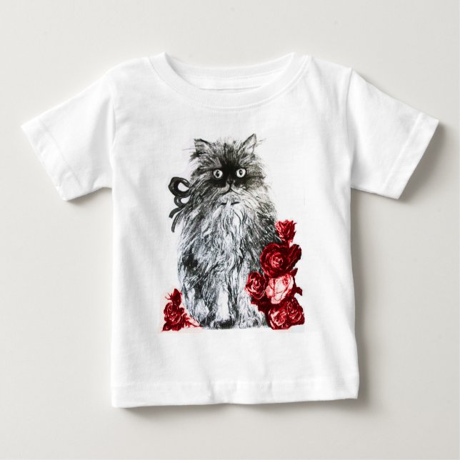 KITTY CAT ,KITTEN WITH RED ROSES ,Black and White Baby T-Shirt (Front)
