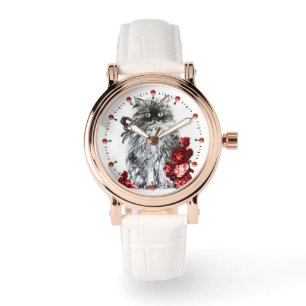 KITTY CAT / KITTEN WITH RED ROSES Black White Watch