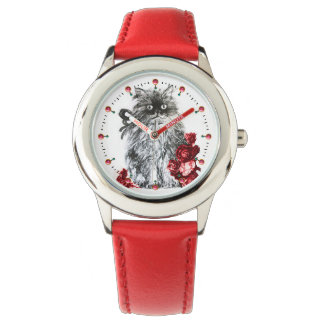 KITTY CAT / KITTEN WITH RED ROSES Black White Watch