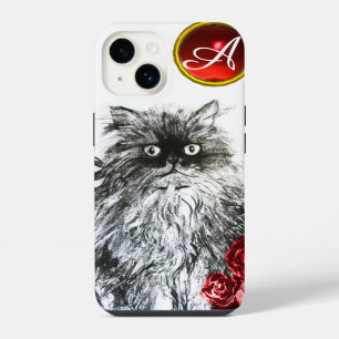 KITTY CAT,KITTEN WITH RED ROSES GEM MONOGRAM,white iPhone 14 Case