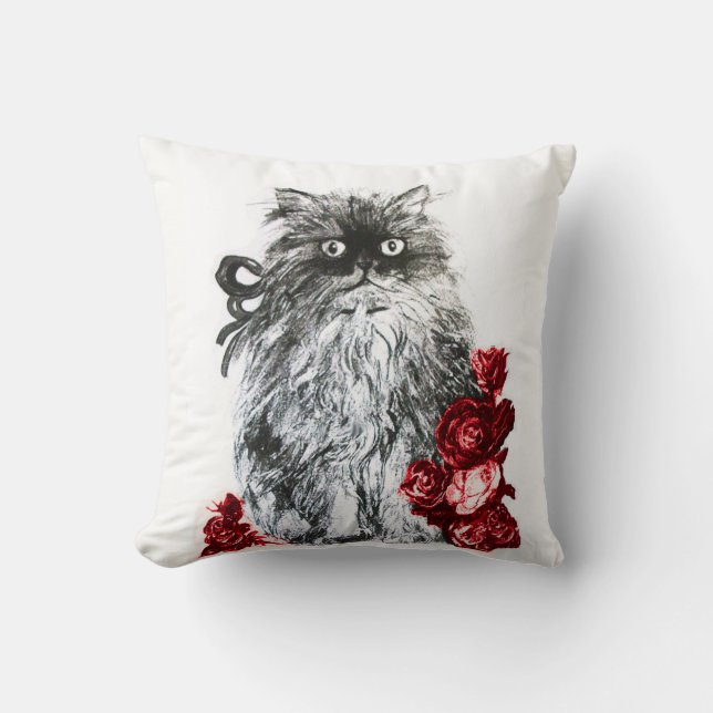 KITTY CAT, KITTEN WITH WHITE RED ROSES CUSHION (Front)