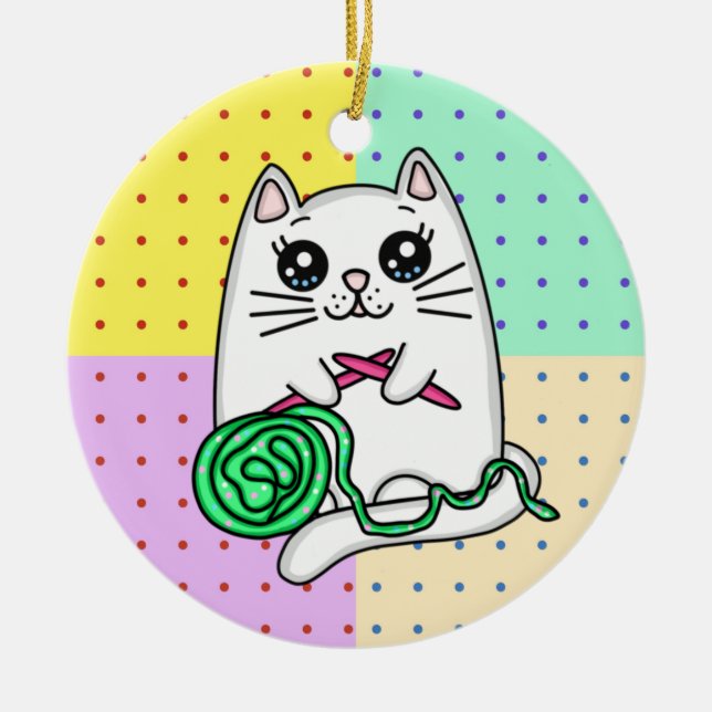 Kitty Cat Knitting with Yarn Ceramic Tree Decoration (Front)