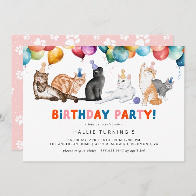 Kitty Cat Party | Fun Colourful Kids Birthday Invitation (Front/Back)