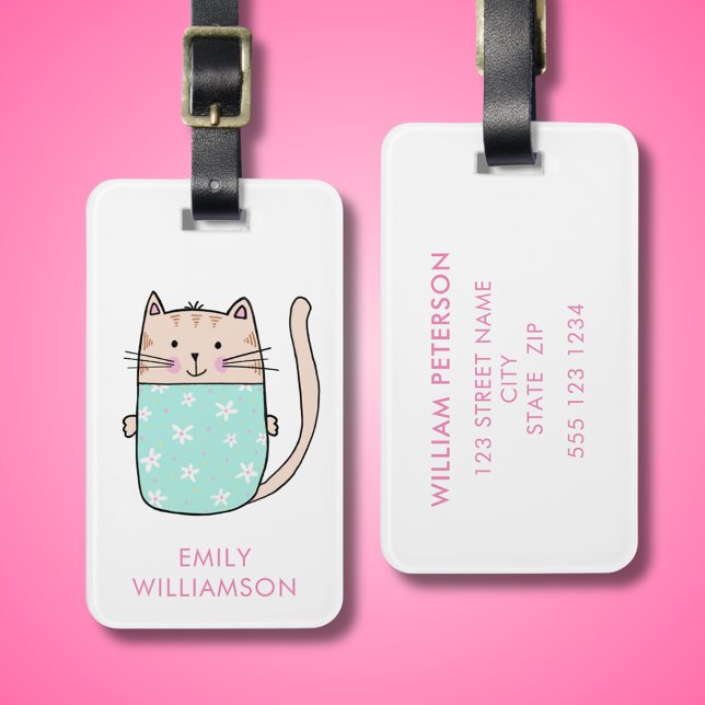 Kitty Cat Personalised Luggage Tag (Cute cat illustrated and personalized luggage tag.)