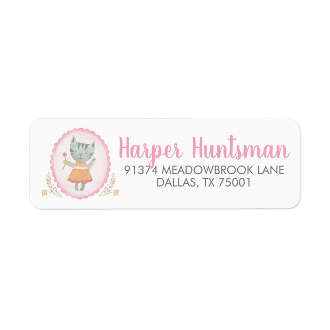 Kitty Cat Pink Cute Watercolor Address Label (Front)