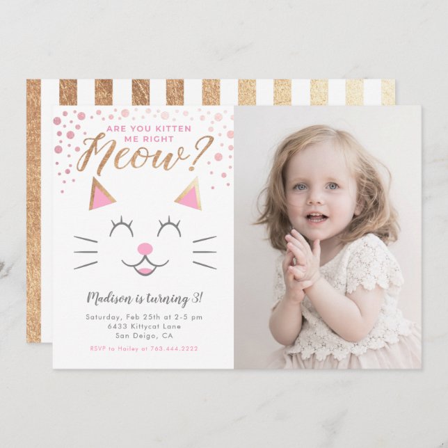 Kitty Cat Pink Gold Birthday Party Photo Invitation (Front/Back)