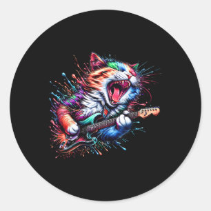 Kitty Cat Playing Guitar Rock Cat Heavy Metal Cat Classic Round Sticker