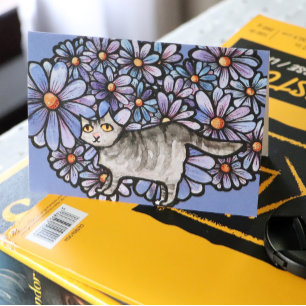 Kitty Cat Purple Daisies Grey Cat Art Grey Cats    Card