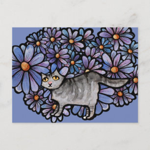 Kitty Cat Purple Daisies Grey Cat Art Grey Cats    Holiday Postcard