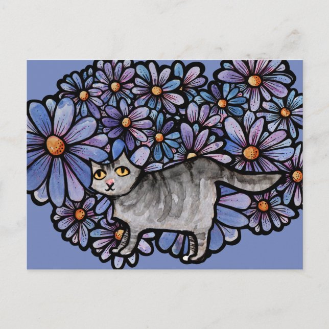 Kitty Cat Purple Daisies Grey Cat Art Grey Cats    Holiday Postcard (Front)