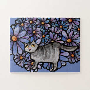 Kitty Cat Purple Daisies Grey Cat Art Grey Cats    Jigsaw Puzzle