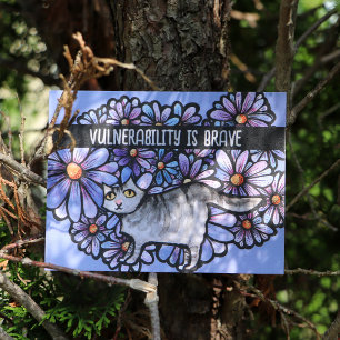 Kitty Cat Purple Daisies Grey Cat Art Grey Cats    Postcard